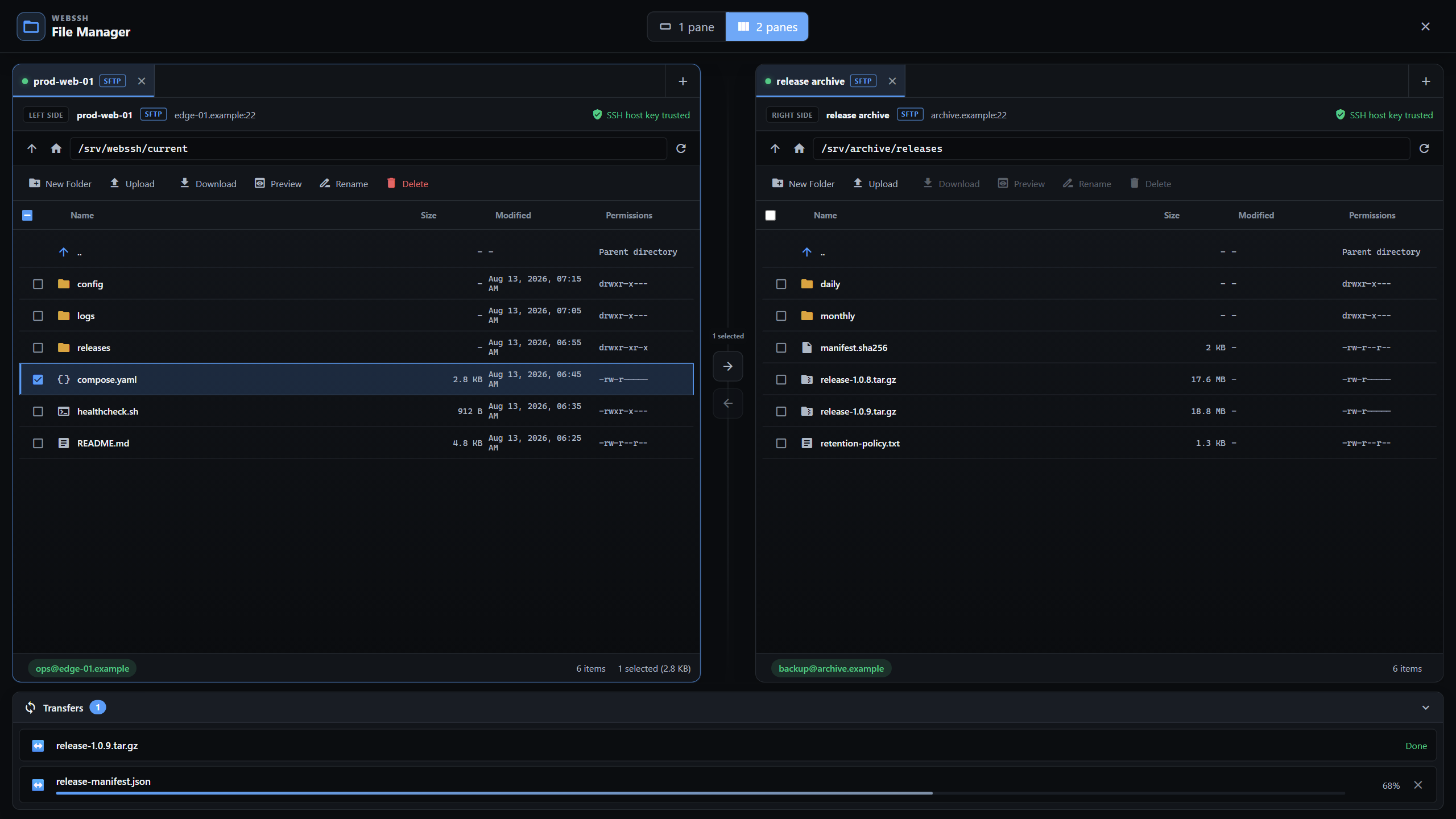 WebSSH dual-pane SFTP file manager