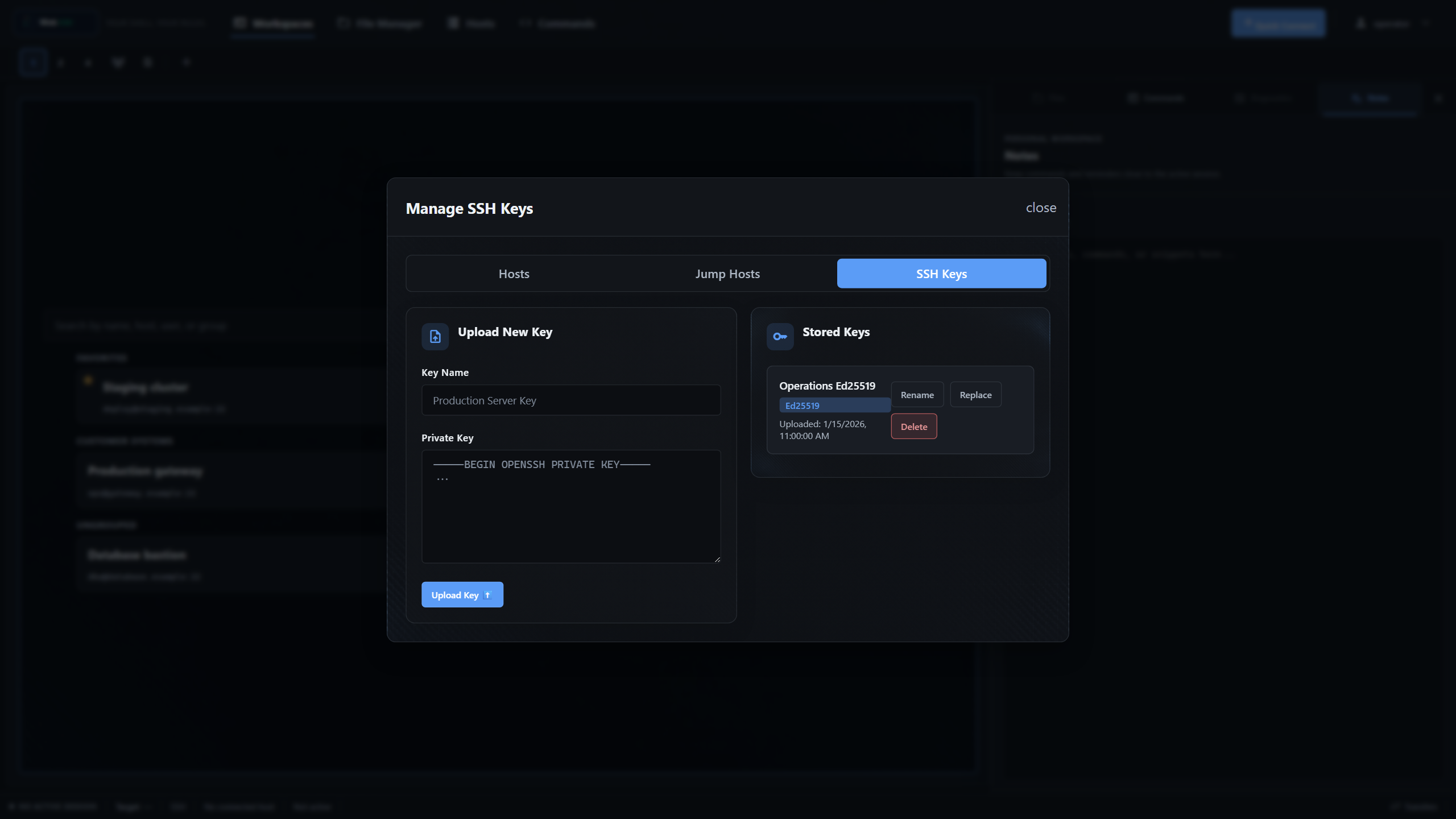 WebSSH SSH key management screen