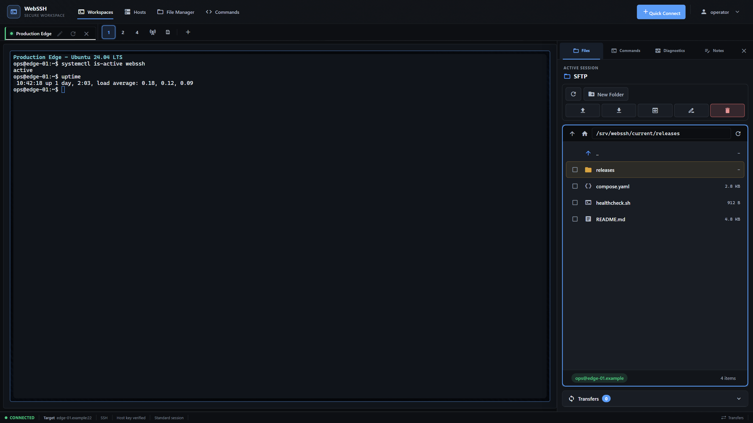 WebSSH active server workspace with SSH terminal, SFTP files, Linux resource status, and notes